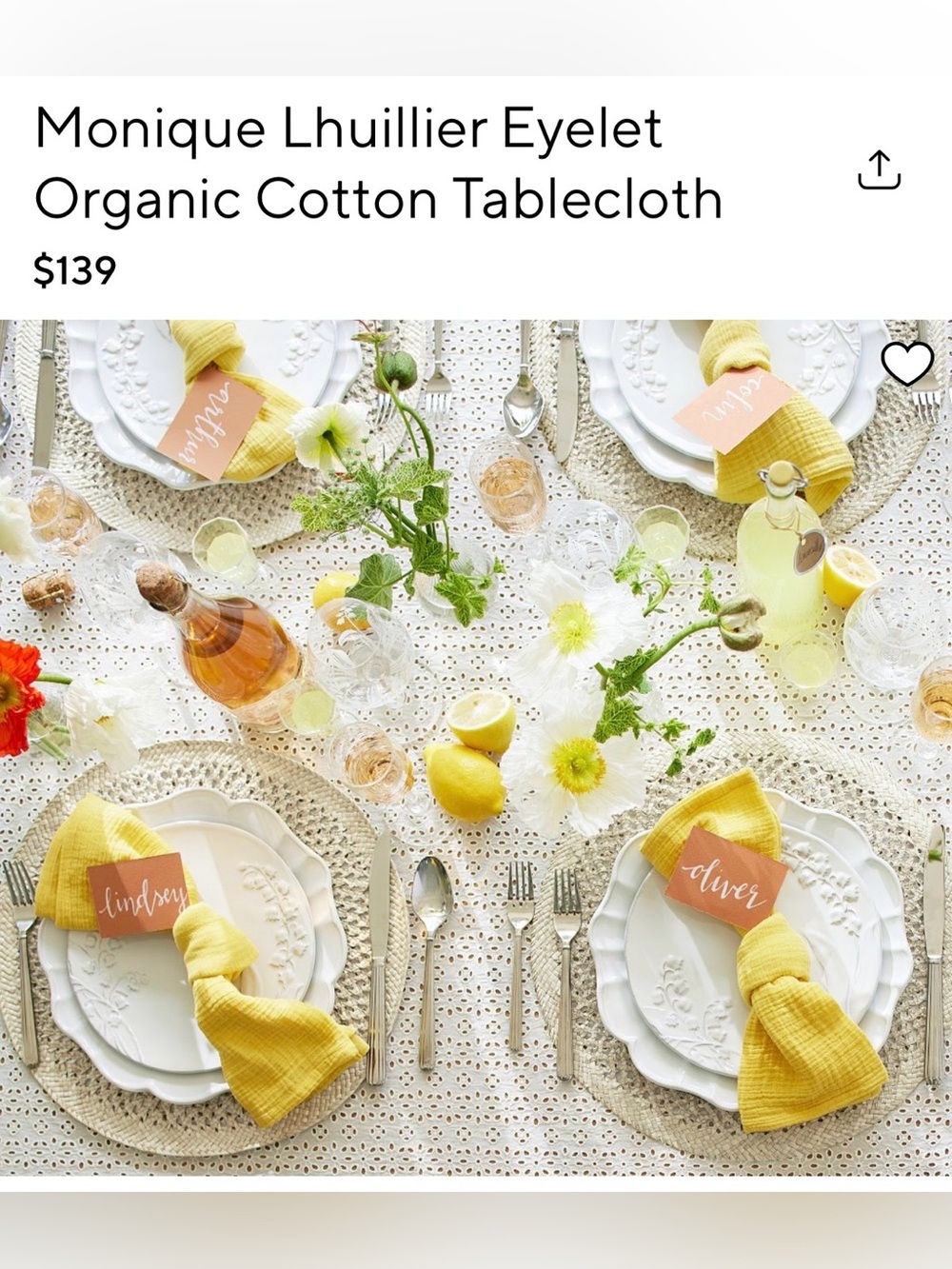 Monique Lhuillier Ivory Eyelet Organic Cotton Tablecloth